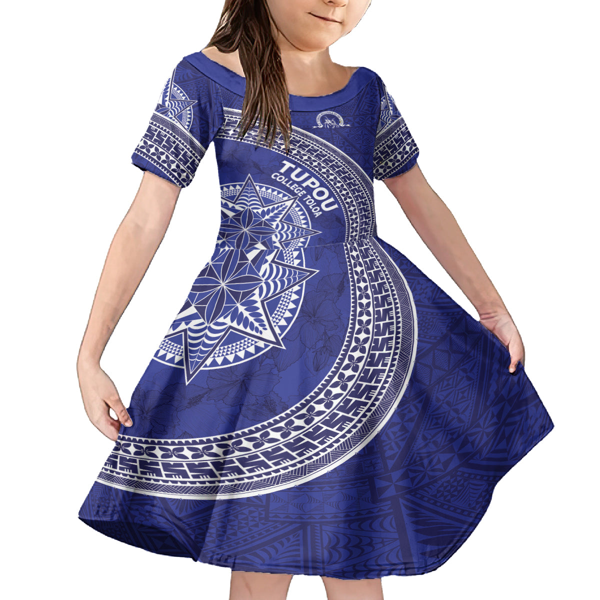 Tupou College Toloa Family Matching Off Shoulder Short Dress and Hawaiian Shirt Ngatu Tapa Mix Style LT7 Daughter's Dress Blue - Polynesian Pride
