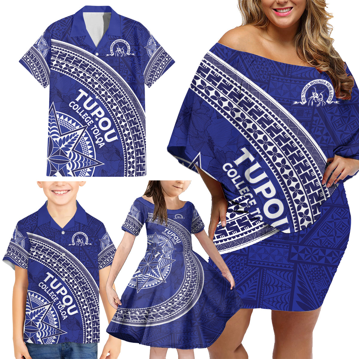 Tupou College Toloa Family Matching Off Shoulder Short Dress and Hawaiian Shirt Ngatu Tapa Mix Style LT7 - Polynesian Pride