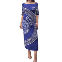 Tupou College Toloa Family Matching Puletasi and Hawaiian Shirt Ngatu Tapa Mix Style LT7 Mom's Dress Blue - Polynesian Pride