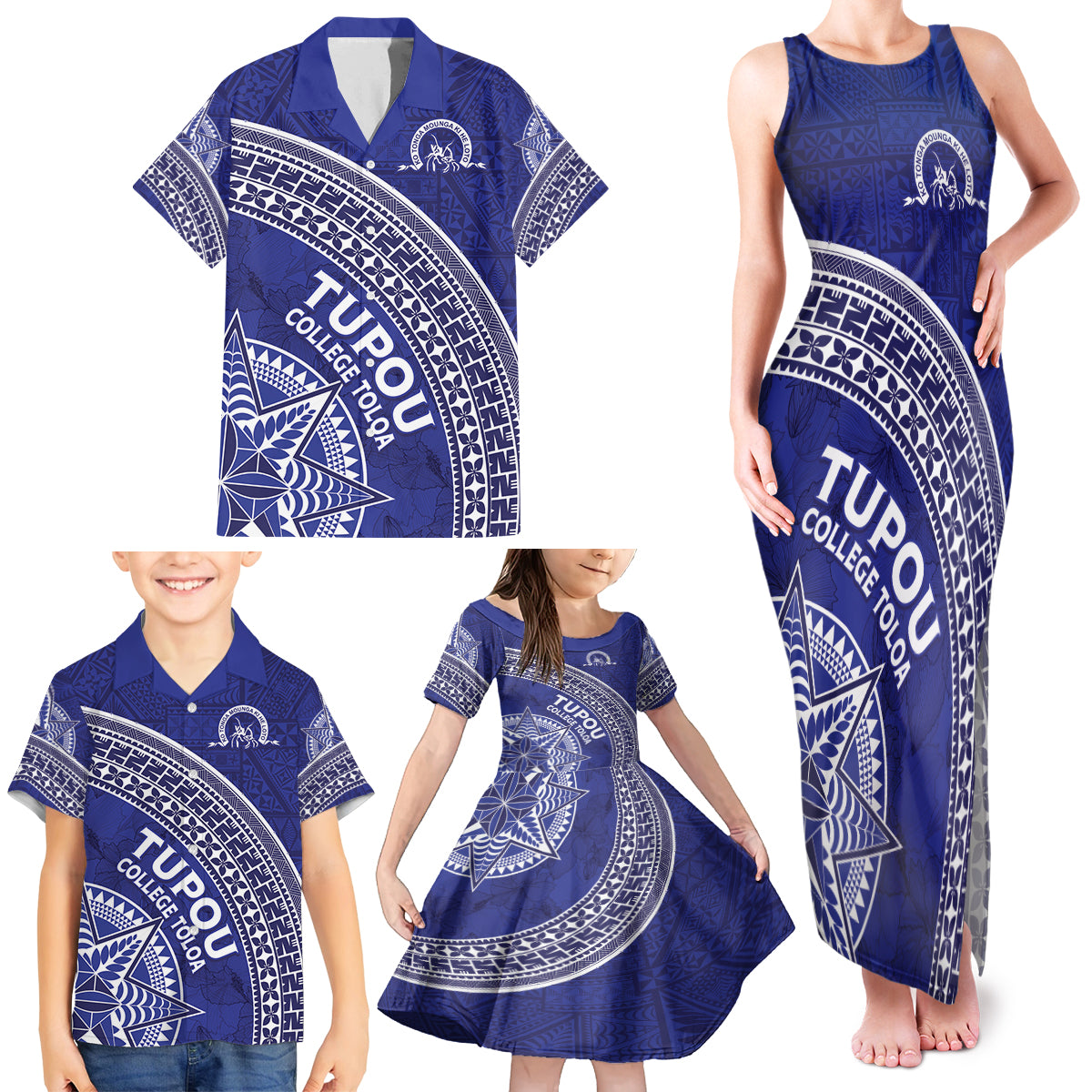 Tupou College Toloa Family Matching Tank Maxi Dress and Hawaiian Shirt Ngatu Tapa Mix Style
