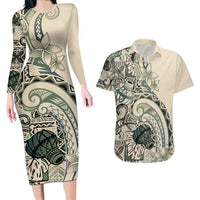 Aloha Hawaii Tapa Couples Matching Long Sleeve Bodycon Dress and Hawaiian Shirt Summer Green Hawaiian Ipu LT7 Emerald - Polynesian Pride