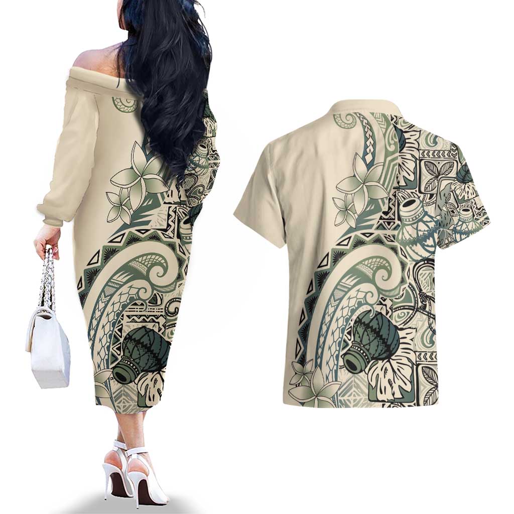Aloha Hawaii Tapa Couples Matching Off The Shoulder Long Sleeve Dress and Hawaiian Shirt Summer Green Hawaiian Ipu LT7 - Polynesian Pride