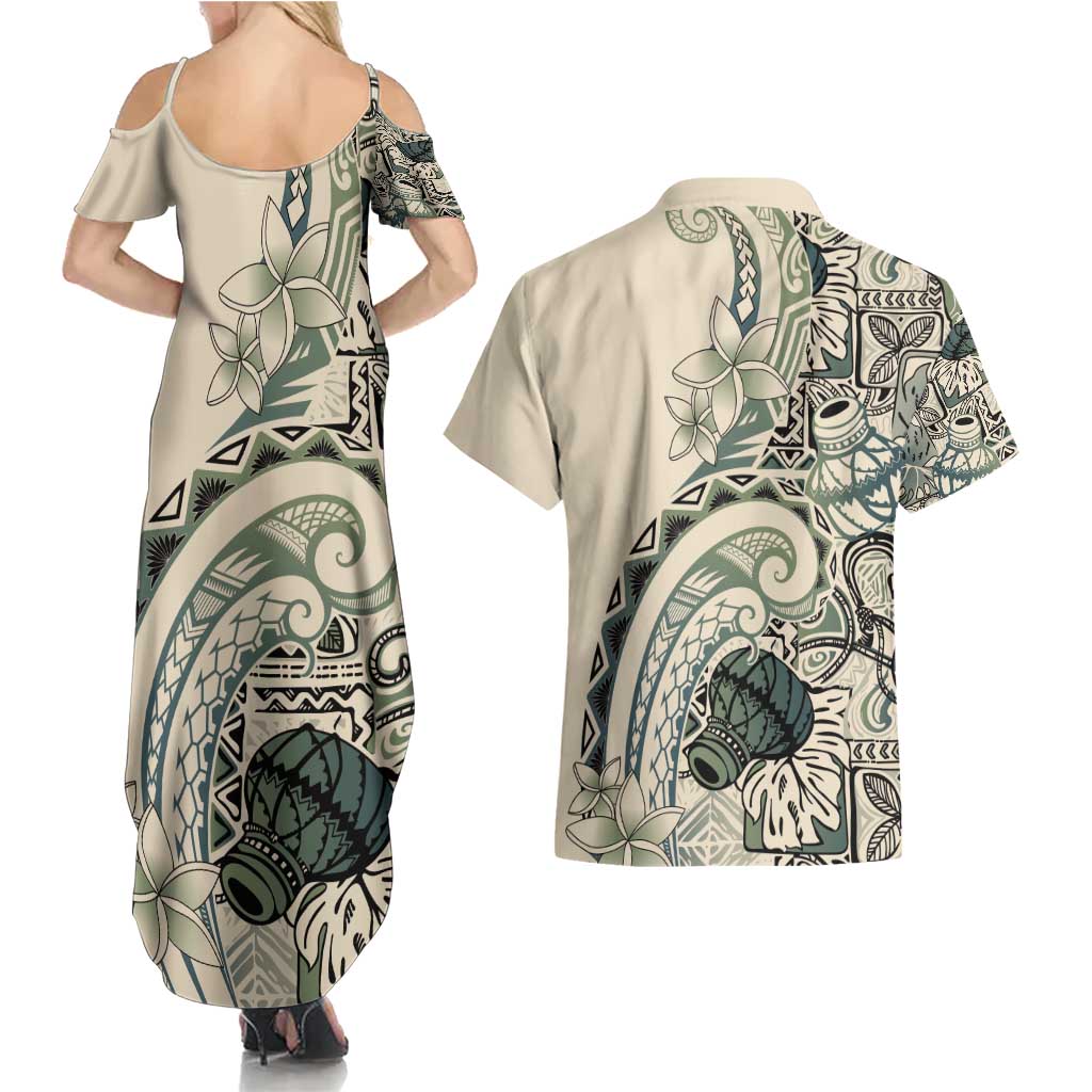 Aloha Hawaii Tapa Couples Matching Summer Maxi Dress and Hawaiian Shirt Summer Green Hawaiian Ipu LT7 - Polynesian Pride