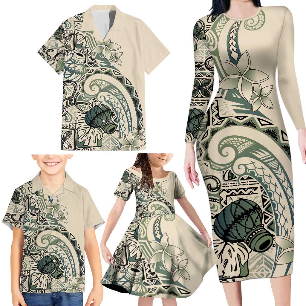 Aloha Hawaii Tapa Family Matching Long Sleeve Bodycon Dress and Hawaiian Shirt Summer Green Hawaiian Ipu LT7 - Polynesian Pride