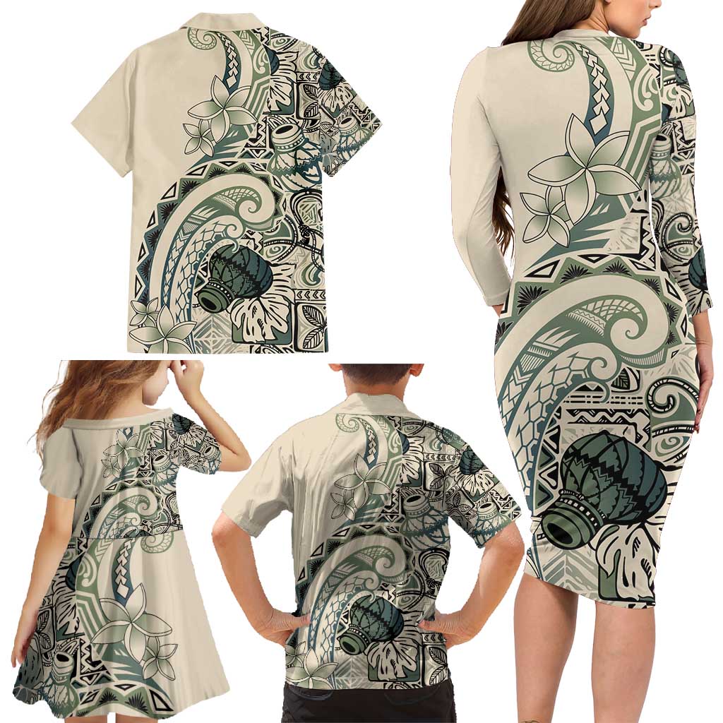 Aloha Hawaii Tapa Family Matching Long Sleeve Bodycon Dress and Hawaiian Shirt Summer Green Hawaiian Ipu LT7 - Polynesian Pride
