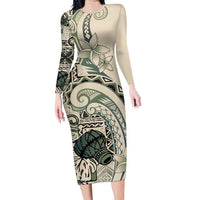 Aloha Hawaii Tapa Family Matching Long Sleeve Bodycon Dress and Hawaiian Shirt Summer Green Hawaiian Ipu LT7 Mom's Dress Emerald - Polynesian Pride