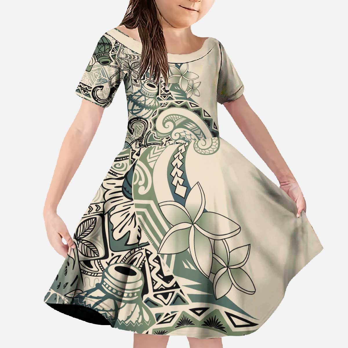 Aloha Hawaii Tapa Family Matching Off The Shoulder Long Sleeve Dress and Hawaiian Shirt Summer Green Hawaiian Ipu LT7 Daughter's Dress Emerald - Polynesian Pride