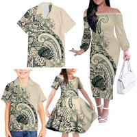 Aloha Hawaii Tapa Family Matching Off The Shoulder Long Sleeve Dress and Hawaiian Shirt Summer Green Hawaiian Ipu LT7 - Polynesian Pride