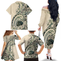 Aloha Hawaii Tapa Family Matching Off The Shoulder Long Sleeve Dress and Hawaiian Shirt Summer Green Hawaiian Ipu LT7 - Polynesian Pride