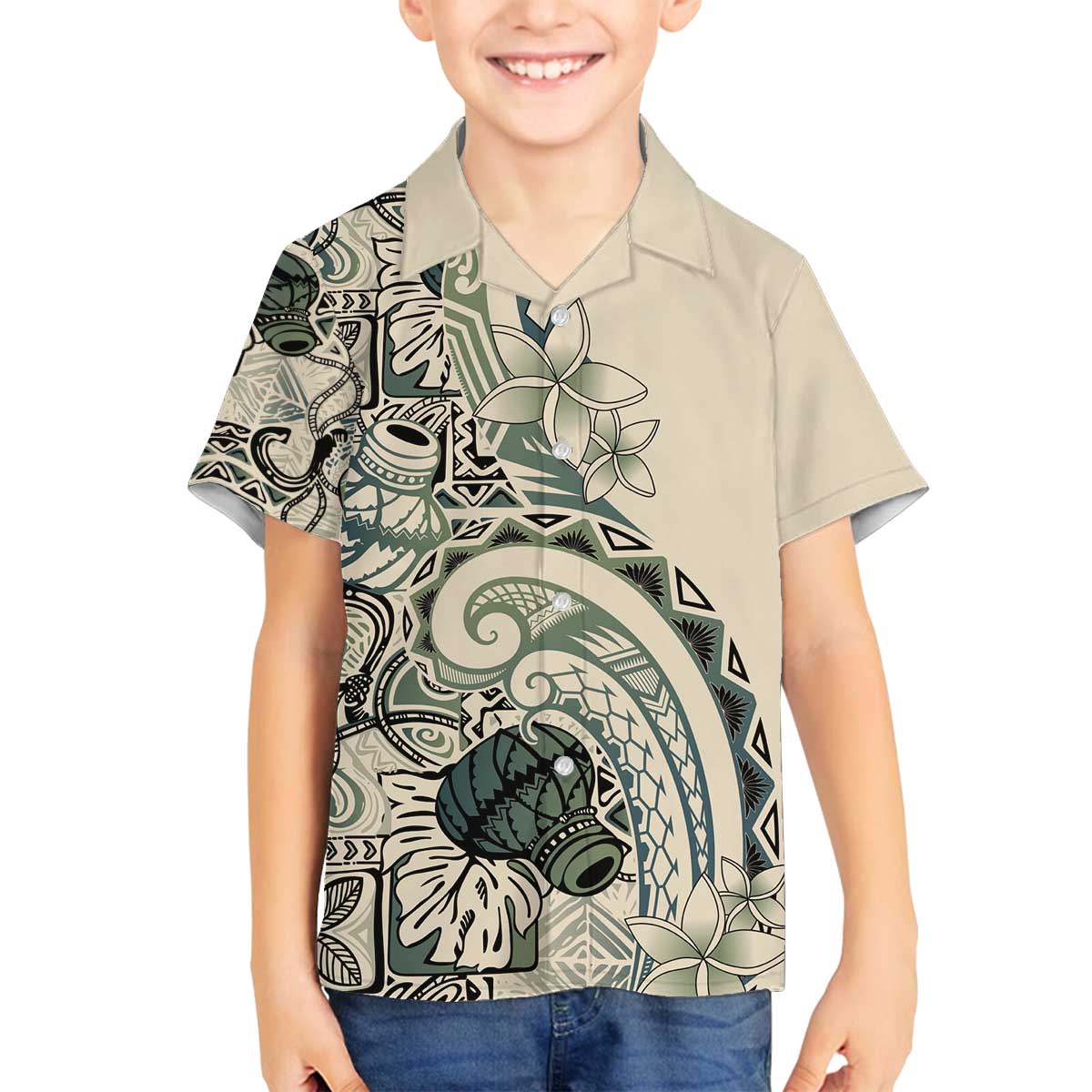 Aloha Hawaii Tapa Family Matching Off The Shoulder Long Sleeve Dress and Hawaiian Shirt Summer Green Hawaiian Ipu LT7 Son's Shirt Emerald - Polynesian Pride