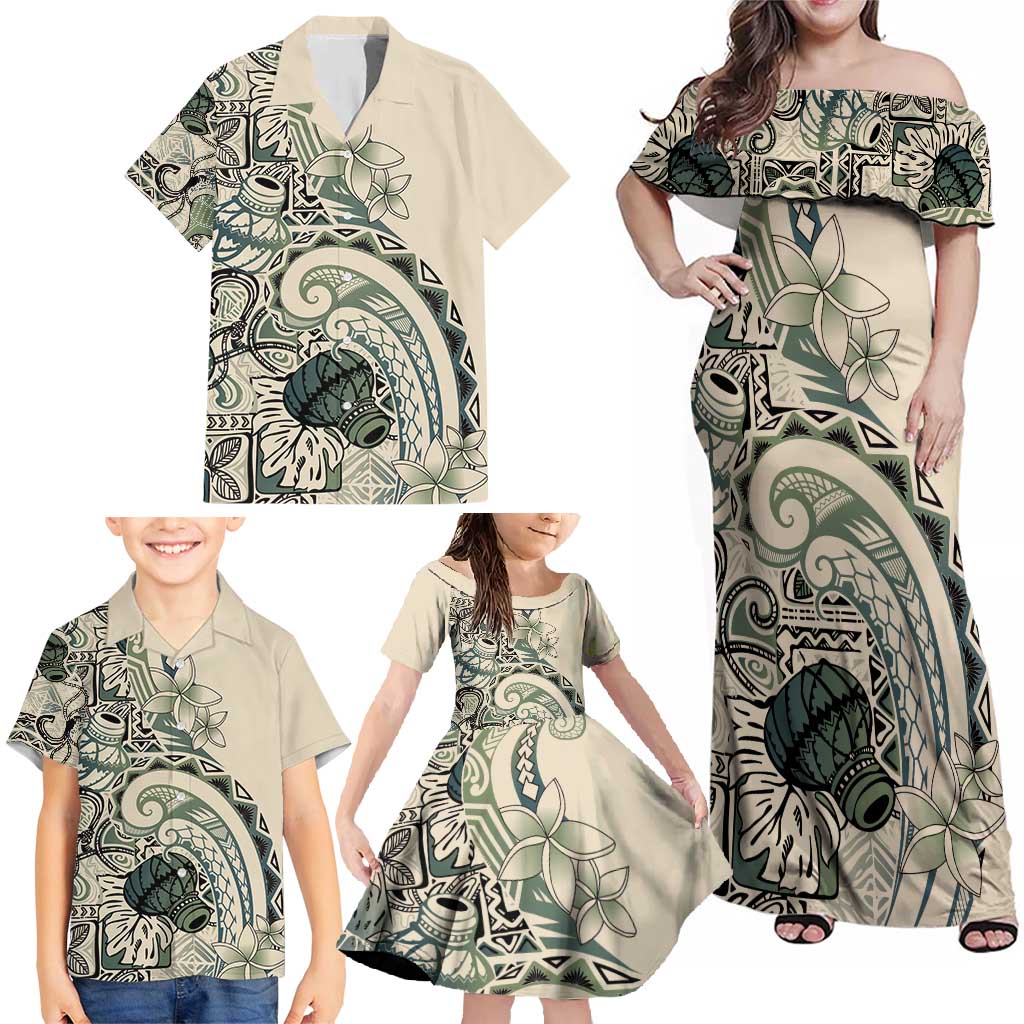 Aloha Hawaii Tapa Family Matching Off Shoulder Maxi Dress and Hawaiian Shirt Summer Green Hawaiian Ipu LT7 - Polynesian Pride