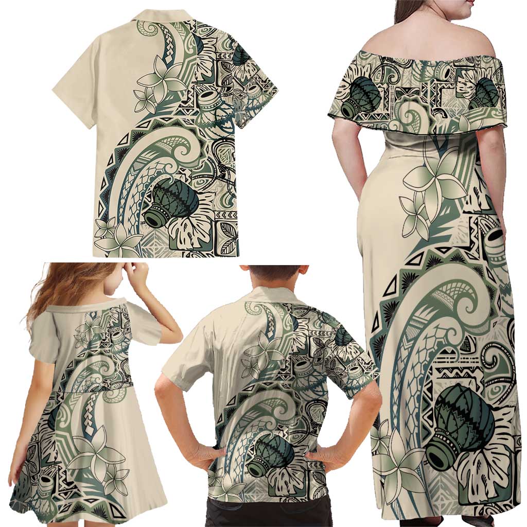 Aloha Hawaii Tapa Family Matching Off Shoulder Maxi Dress and Hawaiian Shirt Summer Green Hawaiian Ipu LT7 - Polynesian Pride