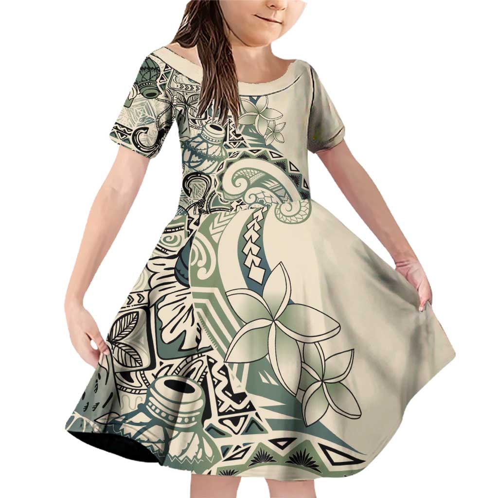 Aloha Hawaii Tapa Family Matching Off Shoulder Short Dress and Hawaiian Shirt Summer Green Hawaiian Ipu LT7 Daughter's Dress Emerald - Polynesian Pride