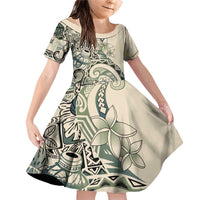 Aloha Hawaii Tapa Family Matching Off Shoulder Short Dress and Hawaiian Shirt Summer Green Hawaiian Ipu LT7 Daughter's Dress Emerald - Polynesian Pride