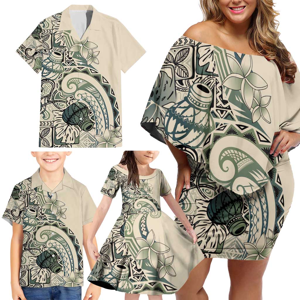 Aloha Hawaii Tapa Family Matching Off Shoulder Short Dress and Hawaiian Shirt Summer Green Hawaiian Ipu LT7 - Polynesian Pride