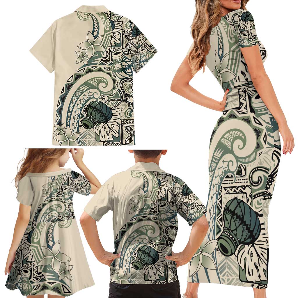 Aloha Hawaii Tapa Family Matching Short Sleeve Bodycon Dress and Hawaiian Shirt Summer Green Hawaiian Ipu LT7 - Polynesian Pride