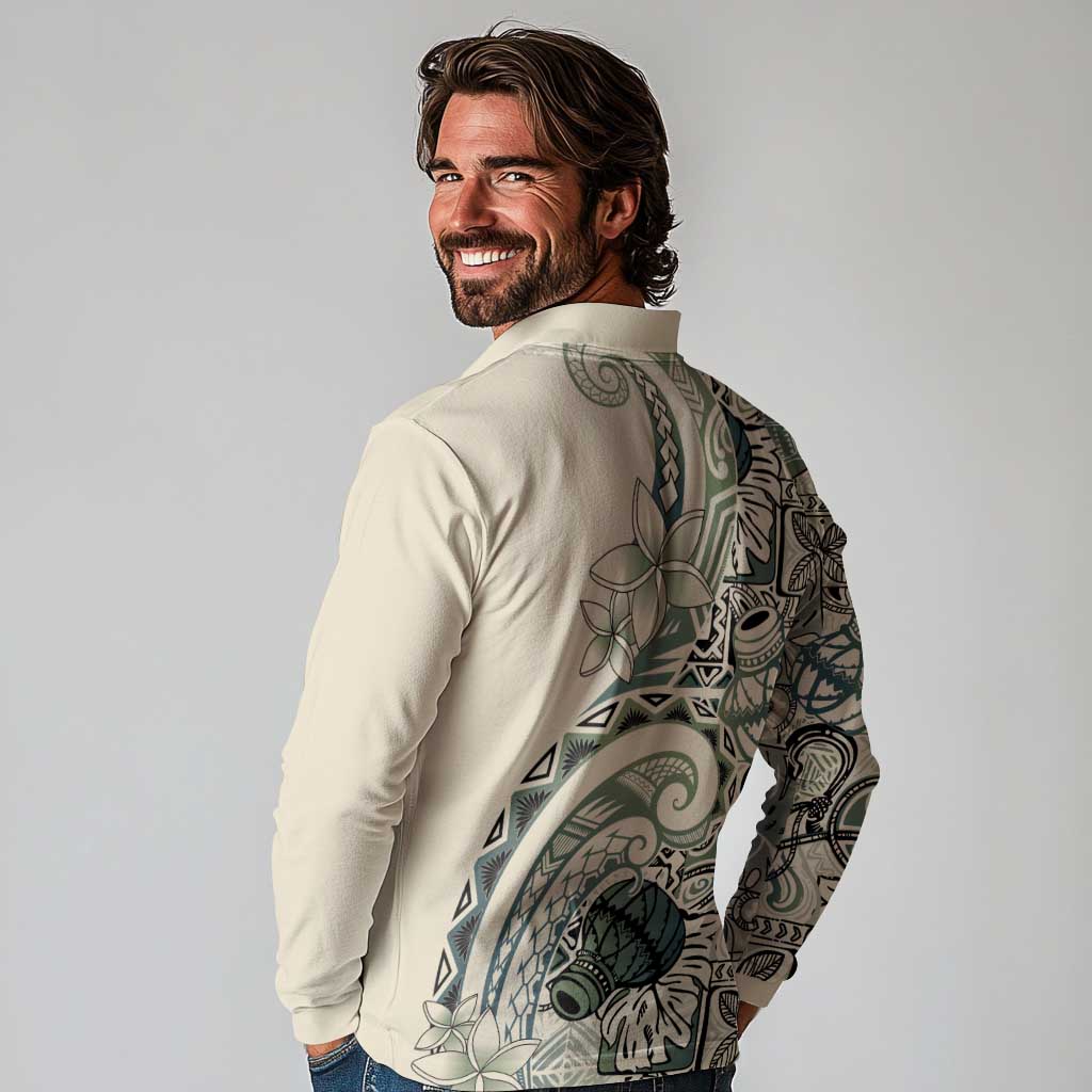 Aloha Hawaii Tapa Long Sleeve Polo Shirt Summer Green Hawaiian Ipu - Polynesian Pride