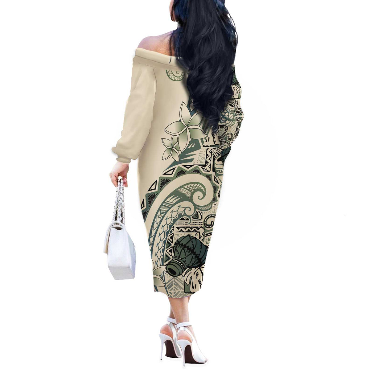 Aloha Hawaii Tapa Off The Shoulder Long Sleeve Dress Summer Green Hawaiian Ipu - Polynesian Pride