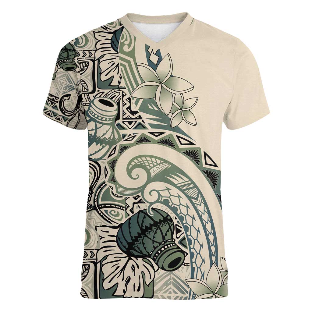 Aloha Hawaii Tapa Women V-Neck T-Shirt Summer Green Hawaiian Ipu - Polynesian Pride