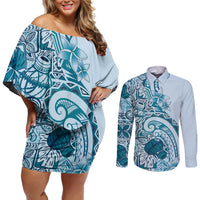 Aloha Hawaii Tapa Couples Matching Off Shoulder Short Dress and Long Sleeve Button Shirt Cool Turquoise Hawaiian Ipu LT7 Turquoise - Polynesian Pride