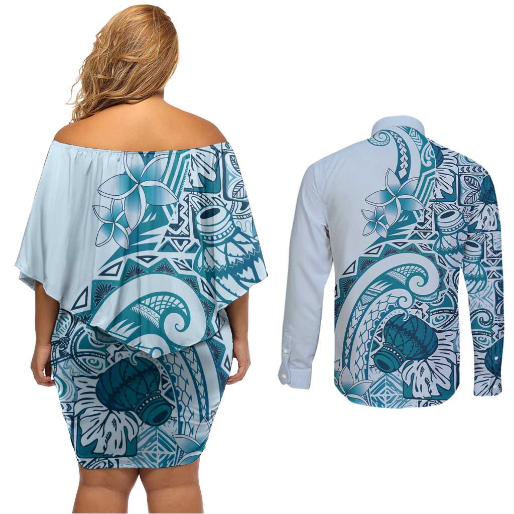 Aloha Hawaii Tapa Couples Matching Off Shoulder Short Dress and Long Sleeve Button Shirt Cool Turquoise Hawaiian Ipu LT7 - Polynesian Pride