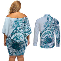 Aloha Hawaii Tapa Couples Matching Off Shoulder Short Dress and Long Sleeve Button Shirt Cool Turquoise Hawaiian Ipu LT7 - Polynesian Pride