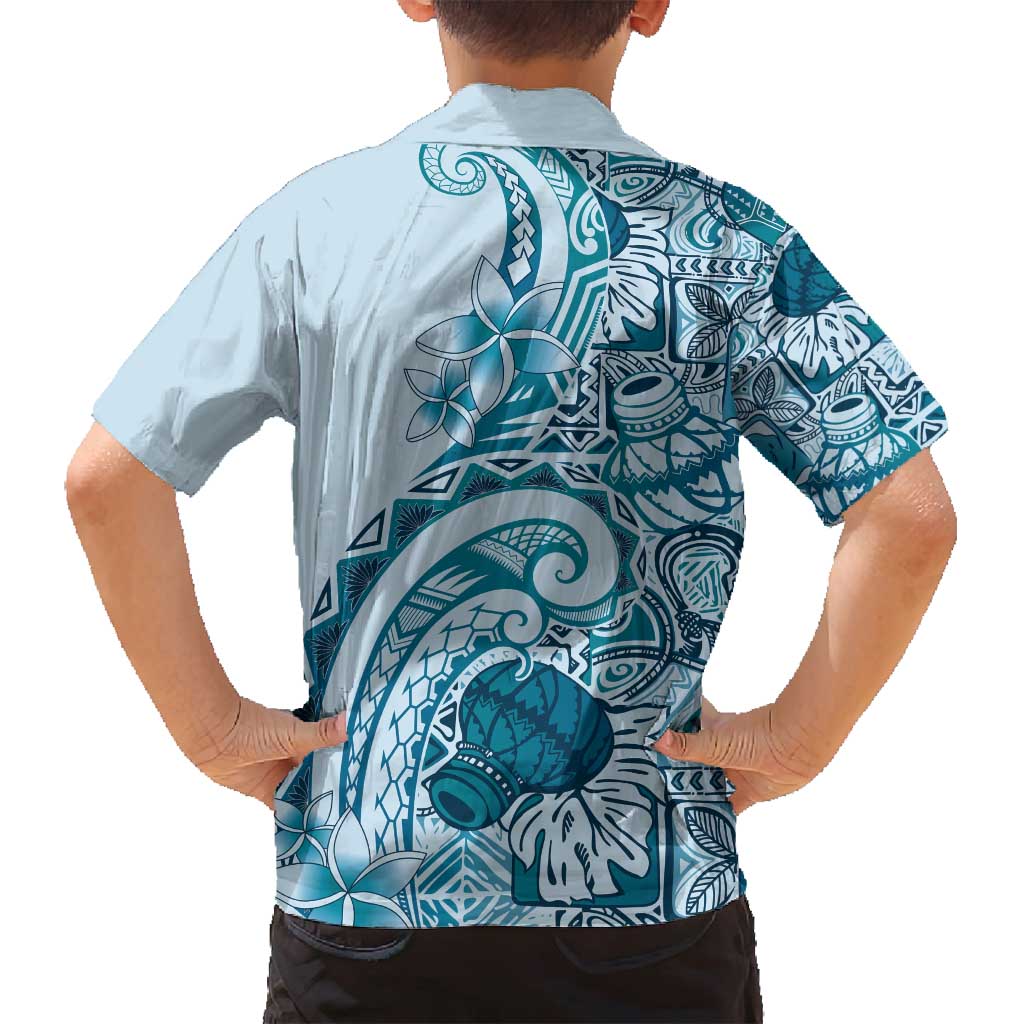 Aloha Hawaii Tapa Family Matching Long Sleeve Bodycon Dress and Hawaiian Shirt Cool Turquoise Hawaiian Ipu LT7 - Polynesian Pride