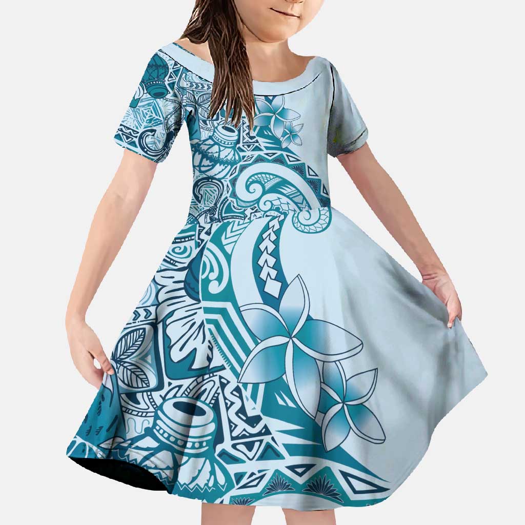 Aloha Hawaii Tapa Family Matching Long Sleeve Bodycon Dress and Hawaiian Shirt Cool Turquoise Hawaiian Ipu LT7 Daughter's Dress Turquoise - Polynesian Pride