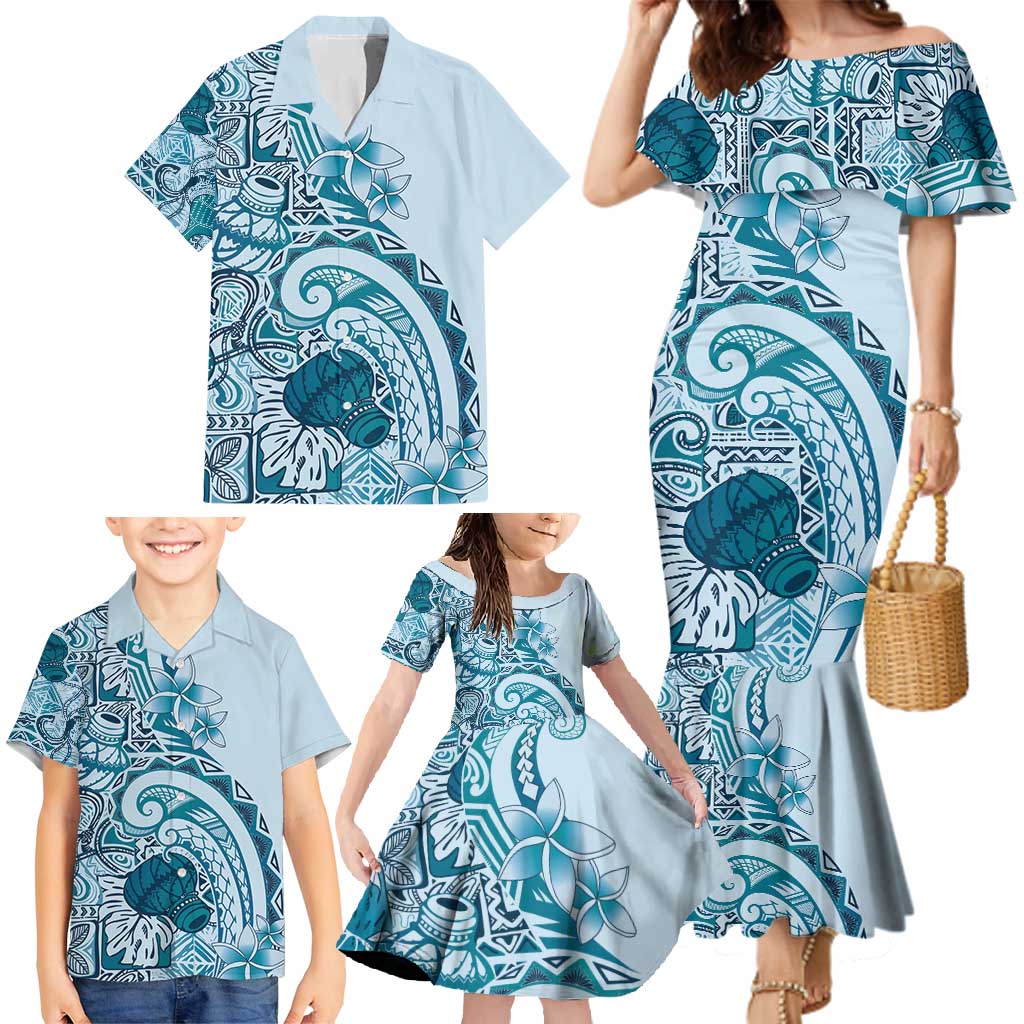 Aloha Hawaii Tapa Family Matching Mermaid Dress and Hawaiian Shirt Cool Turquoise Hawaiian Ipu LT7 - Polynesian Pride