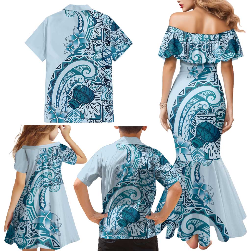 Aloha Hawaii Tapa Family Matching Mermaid Dress and Hawaiian Shirt Cool Turquoise Hawaiian Ipu LT7 - Polynesian Pride