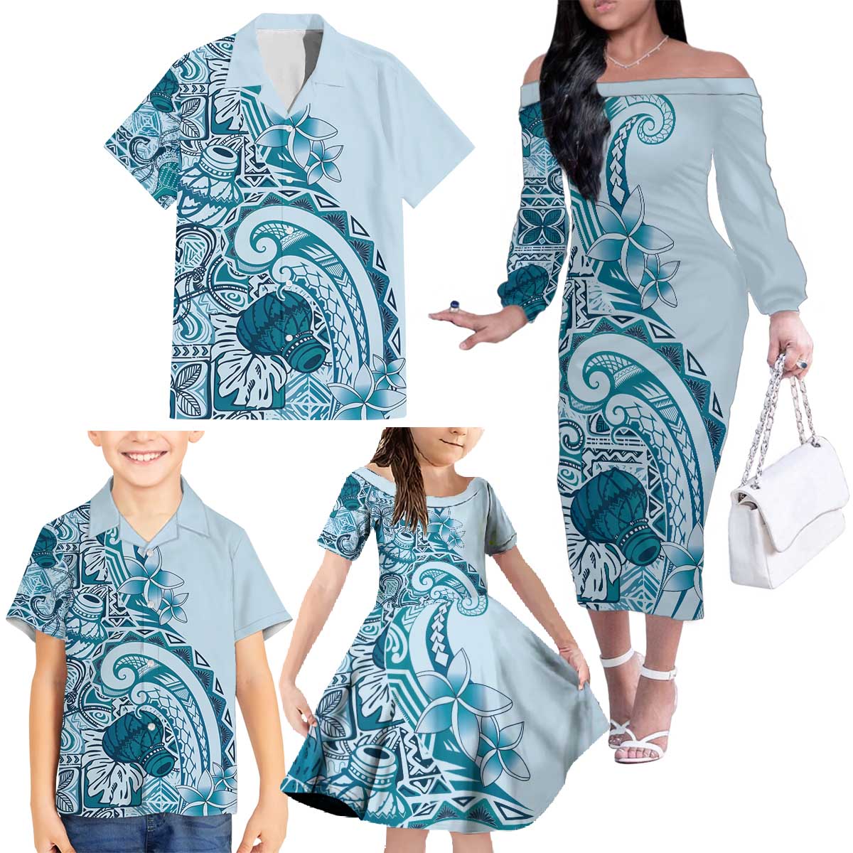 Aloha Hawaii Tapa Family Matching Off The Shoulder Long Sleeve Dress and Hawaiian Shirt Cool Turquoise Hawaiian Ipu LT7 - Polynesian Pride