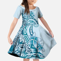Aloha Hawaii Tapa Family Matching Off Shoulder Maxi Dress and Hawaiian Shirt Cool Turquoise Hawaiian Ipu LT7 Daughter's Dress Turquoise - Polynesian Pride