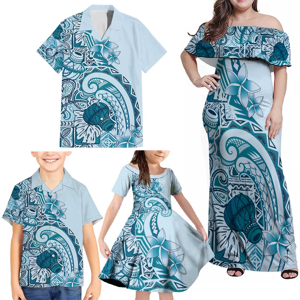 Aloha Hawaii Tapa Family Matching Off Shoulder Maxi Dress and Hawaiian Shirt Cool Turquoise Hawaiian Ipu LT7 - Polynesian Pride