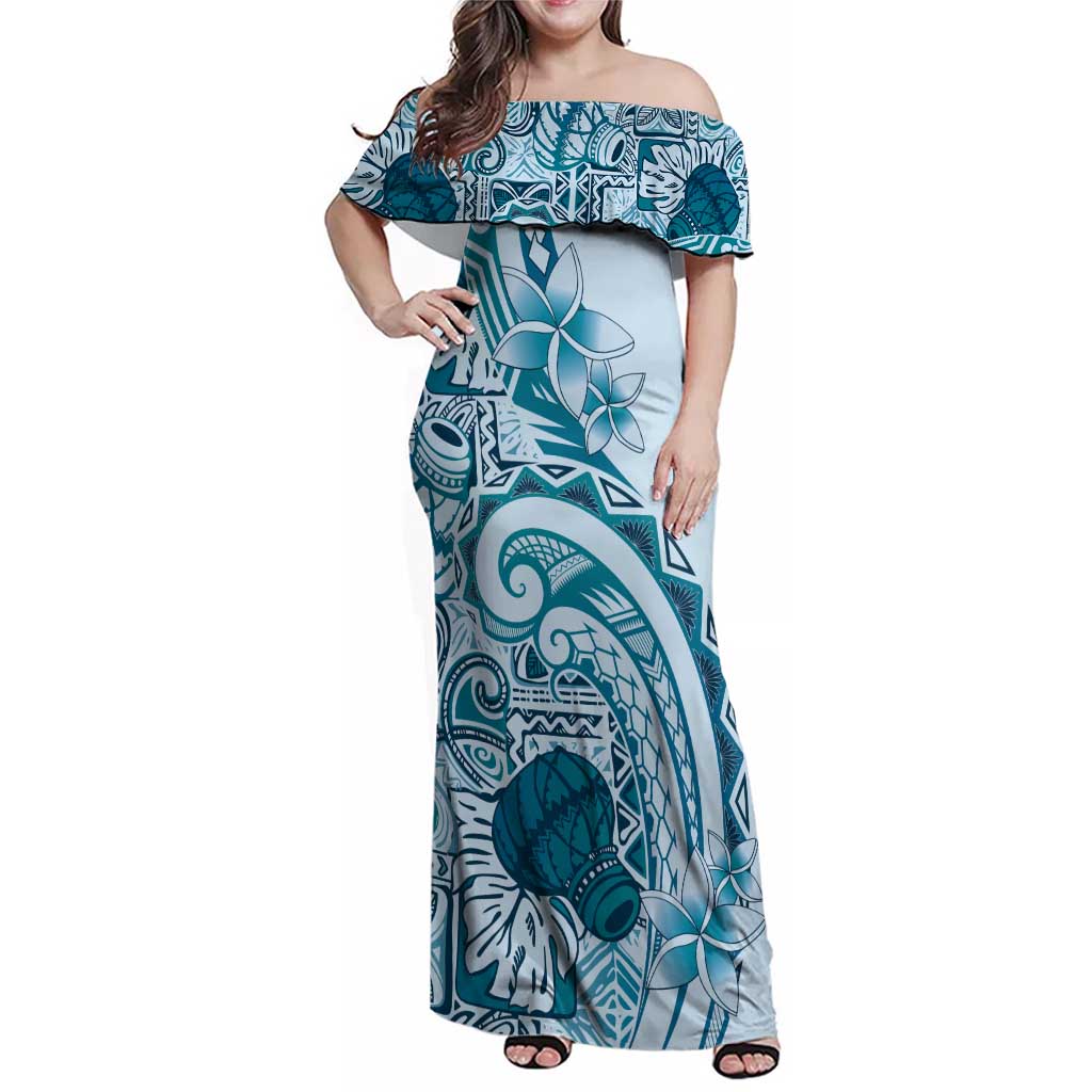 Aloha Hawaii Tapa Family Matching Off Shoulder Maxi Dress and Hawaiian Shirt Cool Turquoise Hawaiian Ipu LT7 Mom's Dress Turquoise - Polynesian Pride