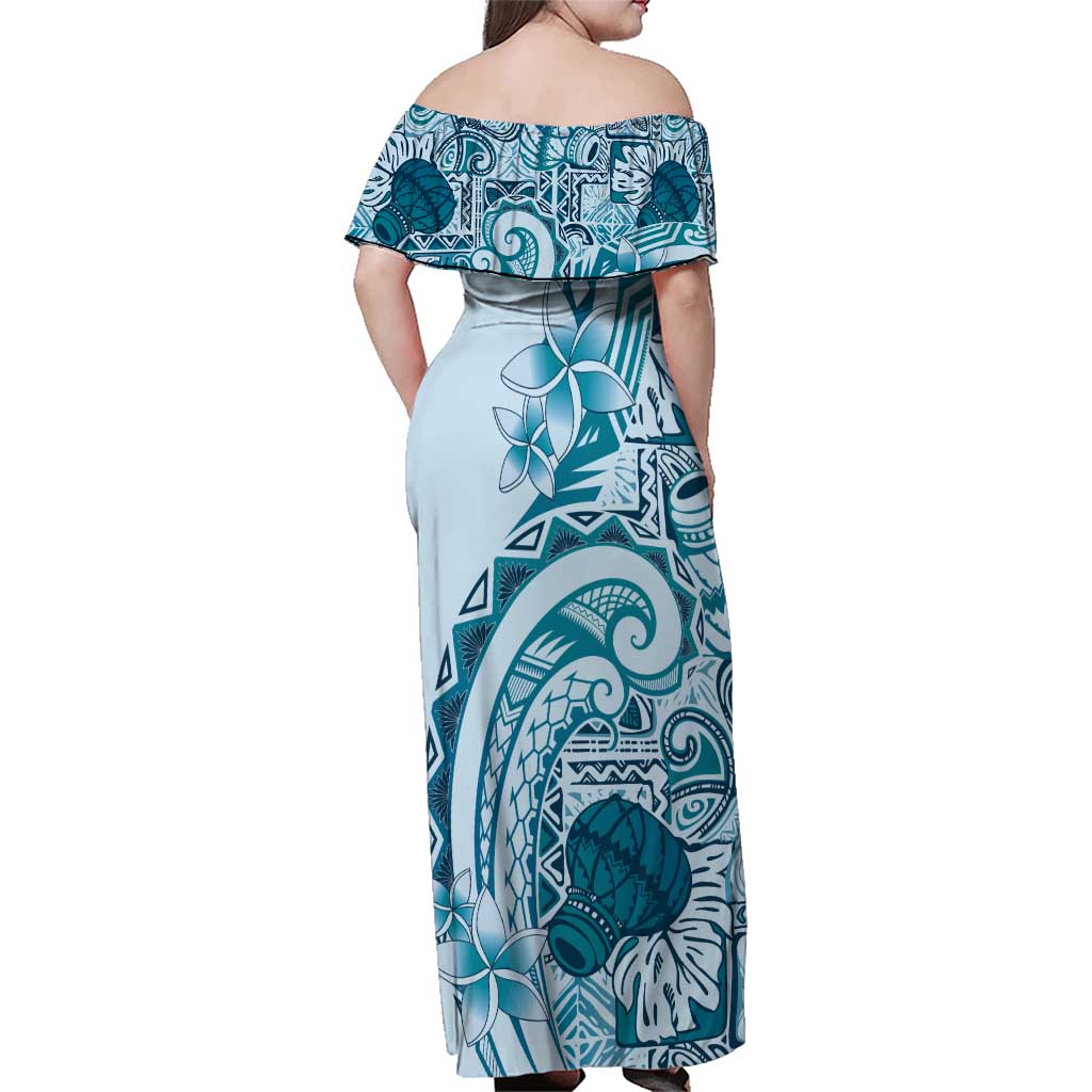 Aloha Hawaii Tapa Family Matching Off Shoulder Maxi Dress and Hawaiian Shirt Cool Turquoise Hawaiian Ipu LT7 - Polynesian Pride