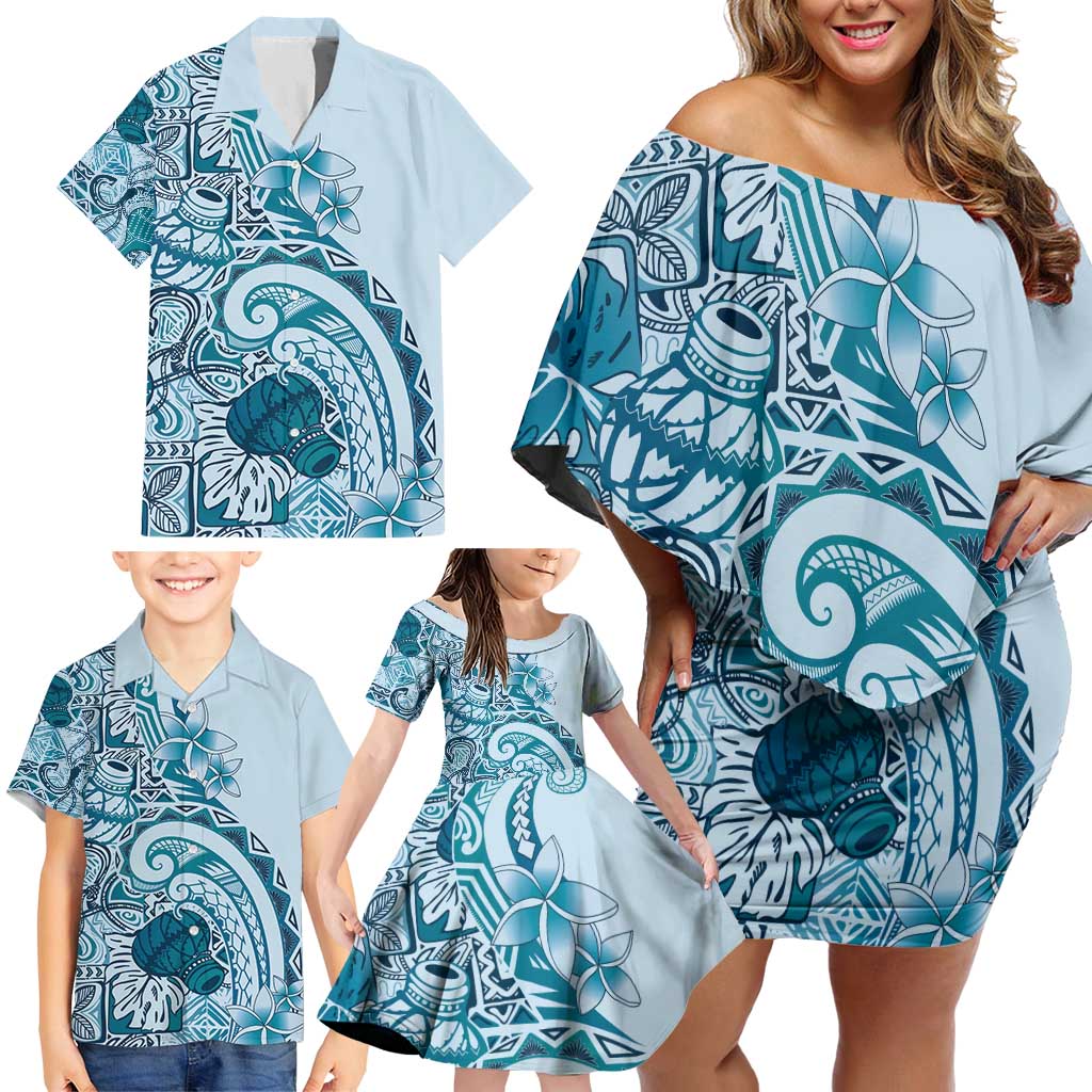 Aloha Hawaii Tapa Family Matching Off Shoulder Short Dress and Hawaiian Shirt Cool Turquoise Hawaiian Ipu LT7 - Polynesian Pride