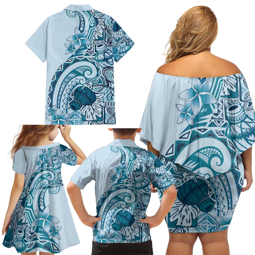 Aloha Hawaii Tapa Family Matching Off Shoulder Short Dress and Hawaiian Shirt Cool Turquoise Hawaiian Ipu LT7 - Polynesian Pride