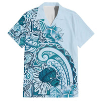 Aloha Hawaii Tapa Family Matching Off Shoulder Short Dress and Hawaiian Shirt Cool Turquoise Hawaiian Ipu LT7 Dad's Shirt - Short Sleeve Turquoise - Polynesian Pride