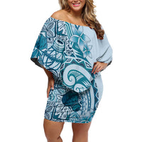 Aloha Hawaii Tapa Family Matching Off Shoulder Short Dress and Hawaiian Shirt Cool Turquoise Hawaiian Ipu LT7 Mom's Dress Turquoise - Polynesian Pride