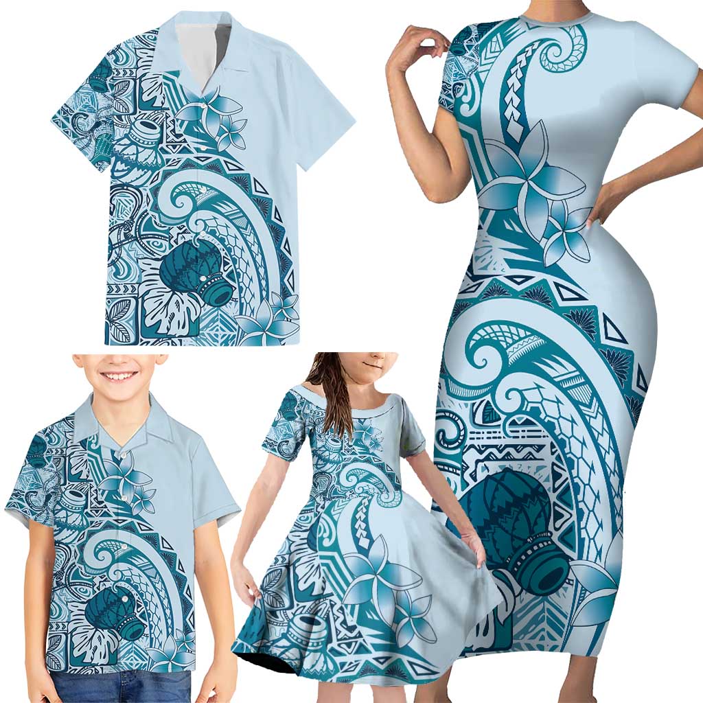 Aloha Hawaii Tapa Family Matching Short Sleeve Bodycon Dress and Hawaiian Shirt Cool Turquoise Hawaiian Ipu LT7 - Polynesian Pride