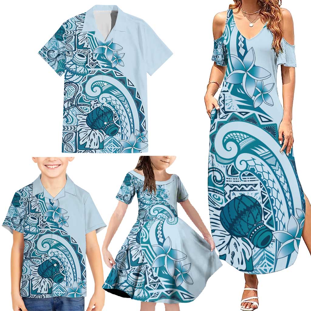 Aloha Hawaii Tapa Family Matching Summer Maxi Dress and Hawaiian Shirt Cool Turquoise Hawaiian Ipu LT7 - Polynesian Pride