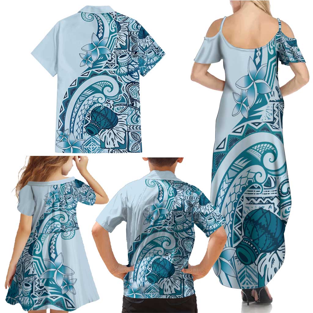 Aloha Hawaii Tapa Family Matching Summer Maxi Dress and Hawaiian Shirt Cool Turquoise Hawaiian Ipu LT7 - Polynesian Pride