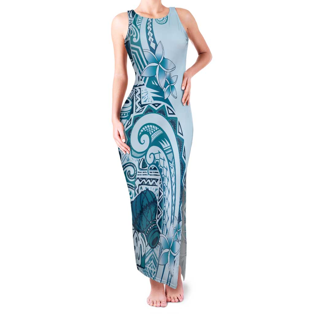 Aloha Hawaii Tapa Family Matching Tank Maxi Dress and Hawaiian Shirt Cool Turquoise Hawaiian Ipu LT7 Mom's Dress Turquoise - Polynesian Pride