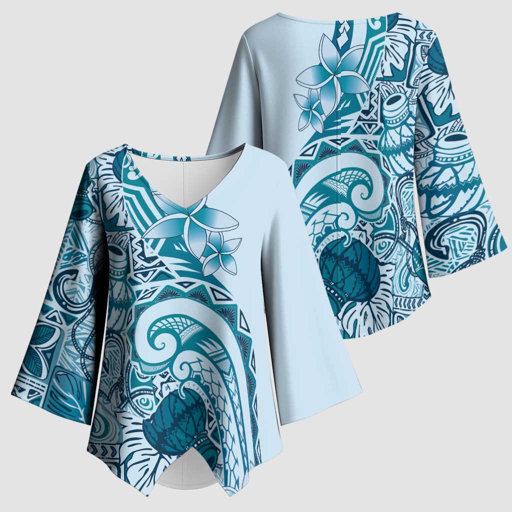 Aloha Hawaii Tapa Kimono Sleeve Blouse Cool Turquoise Hawaiian Ipu LT7 - Polynesian Pride