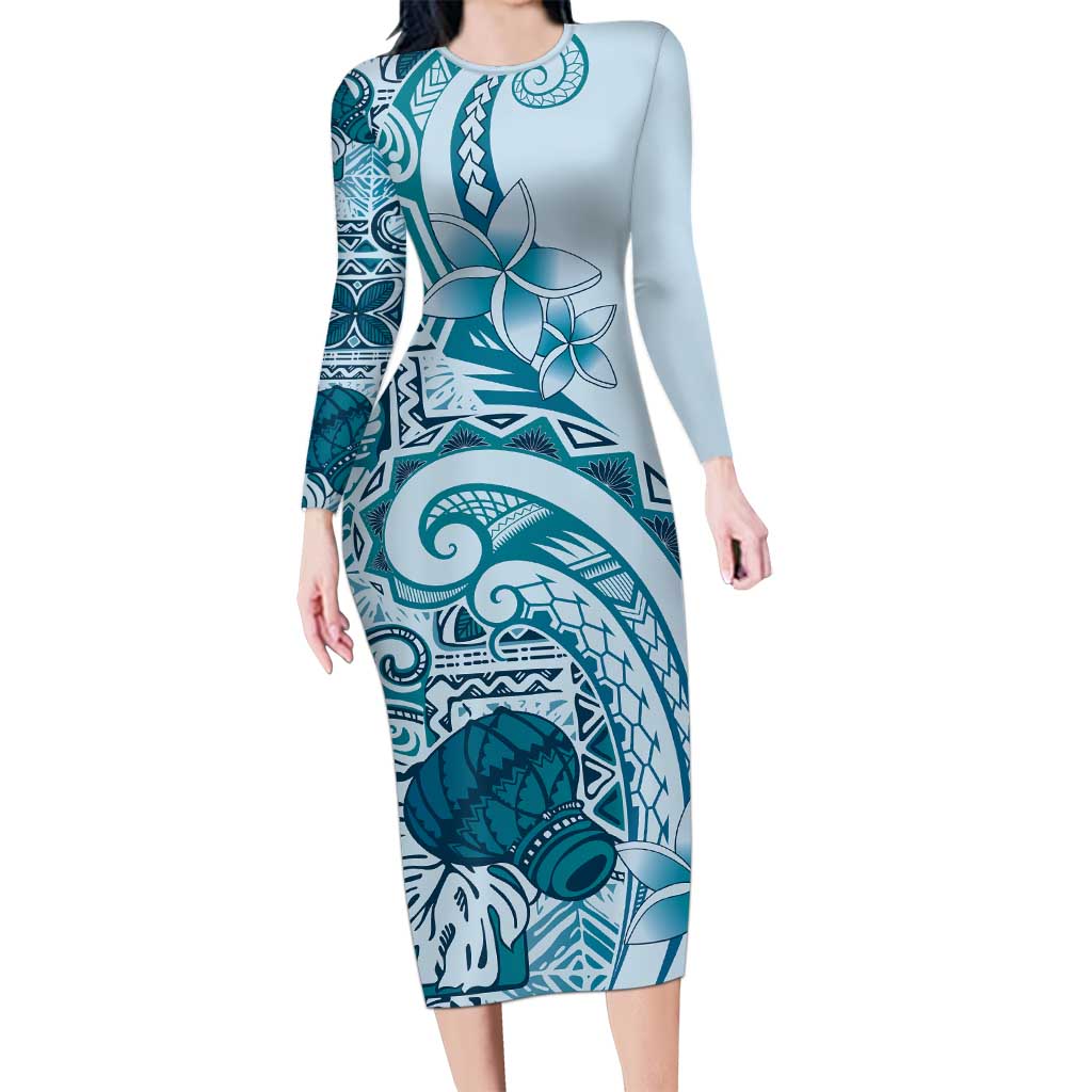 Aloha Hawaii Tapa Long Sleeve Bodycon Dress Cool Turquoise Hawaiian Ipu - Polynesian Pride