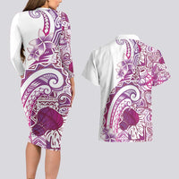 Aloha Hawaii Tapa Couples Matching Long Sleeve Bodycon Dress and Hawaiian Shirt Vibrant Fuchsia Hawaiian Ipu LT7 - Polynesian Pride