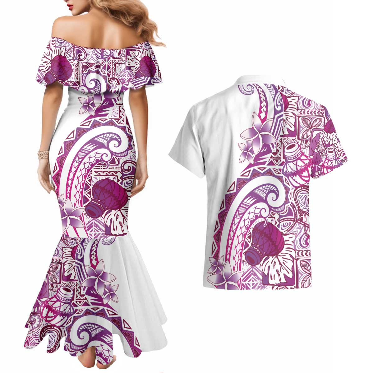 Aloha Hawaii Tapa Couples Matching Mermaid Dress and Hawaiian Shirt Vibrant Fuchsia Hawaiian Ipu LT7 - Polynesian Pride