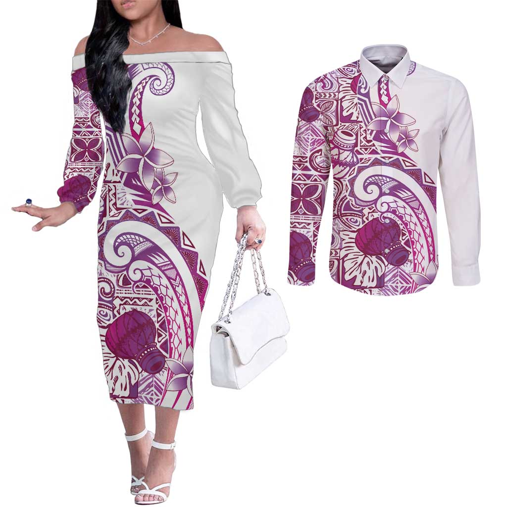 Aloha Hawaii Tapa Couples Matching Off The Shoulder Long Sleeve Dress and Long Sleeve Button Shirt Vibrant Fuchsia Hawaiian Ipu LT7 Fuchsia - Polynesian Pride