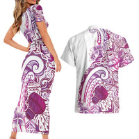 Aloha Hawaii Tapa Couples Matching Short Sleeve Bodycon Dress and Hawaiian Shirt Vibrant Fuchsia Hawaiian Ipu LT7 - Polynesian Pride