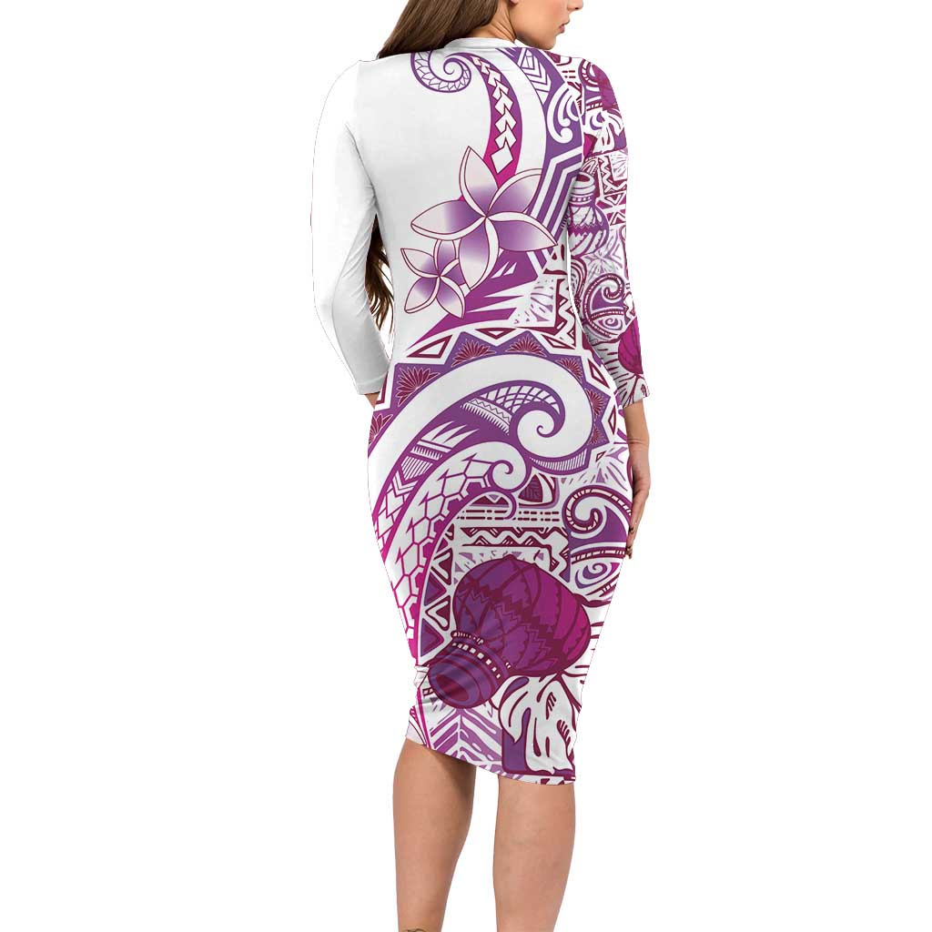 Aloha Hawaii Tapa Family Matching Long Sleeve Bodycon Dress and Hawaiian Shirt Vibrant Fuchsia Hawaiian Ipu LT7 - Polynesian Pride